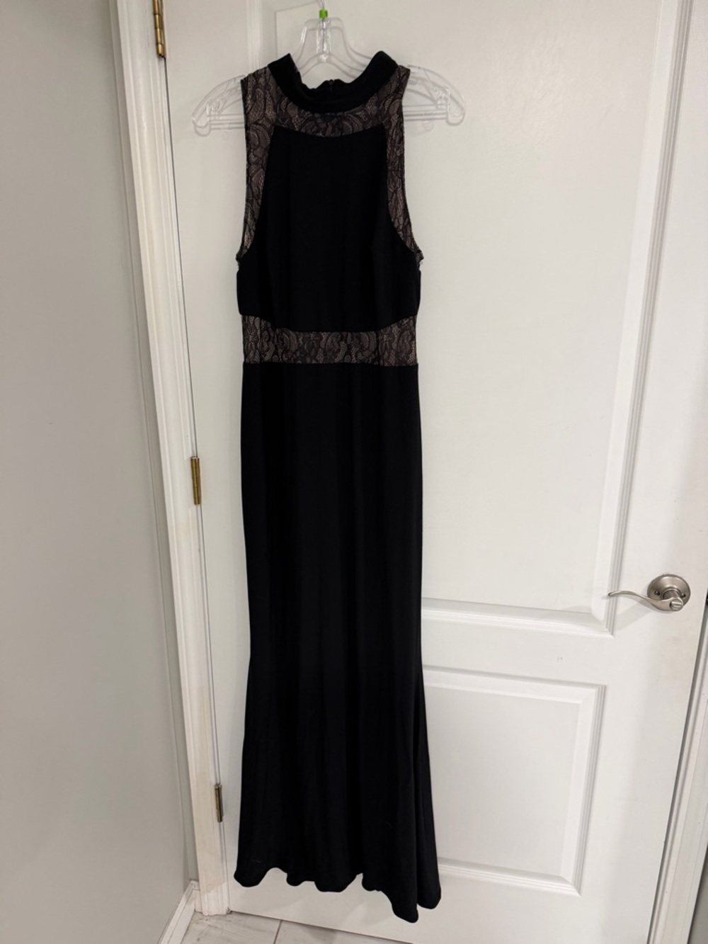 Floor length black dress with lace bodice
